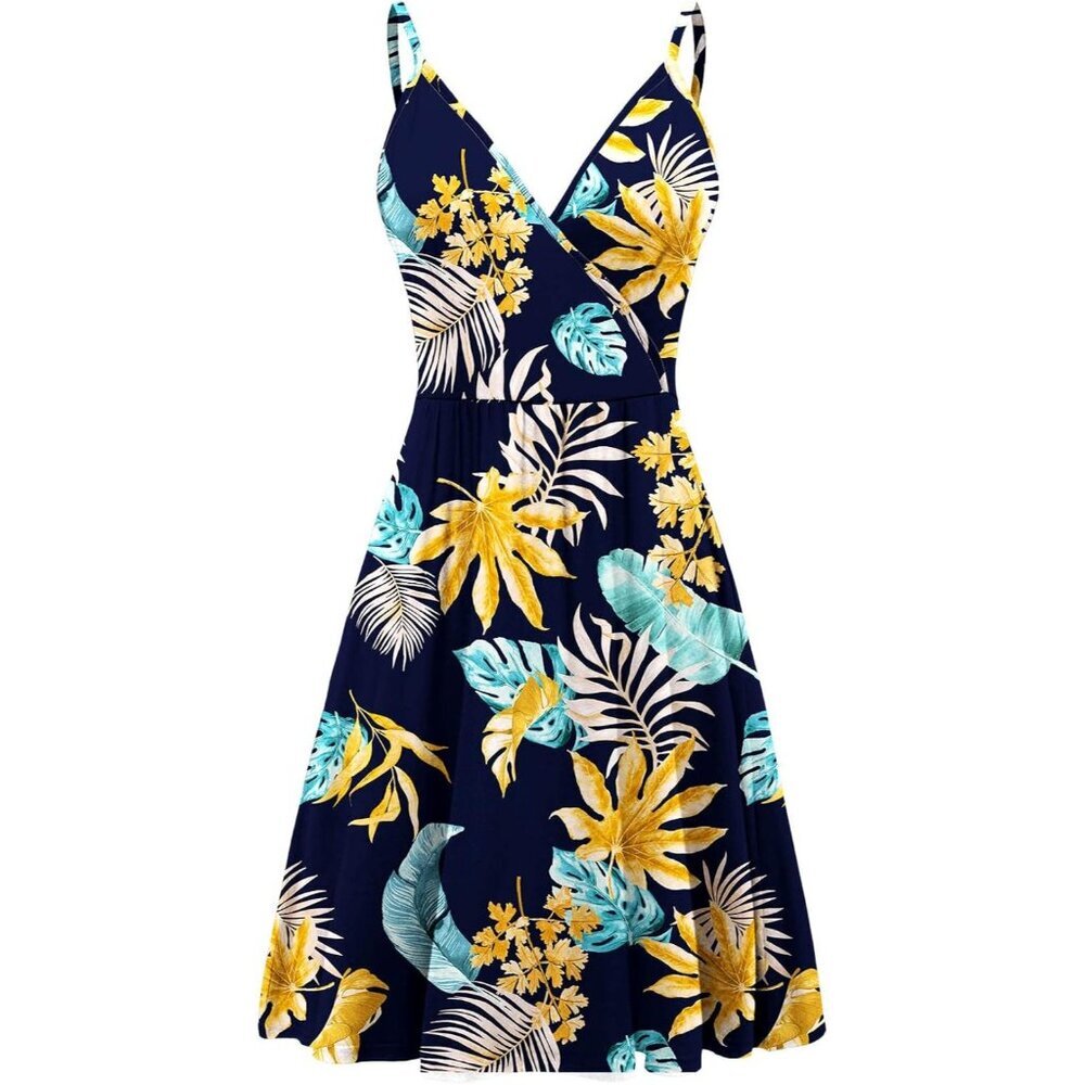 Women's Floral-yellow V Neck Spaghetti Strap Flowy Mini Dress with Pockets - Picture 3 of 5